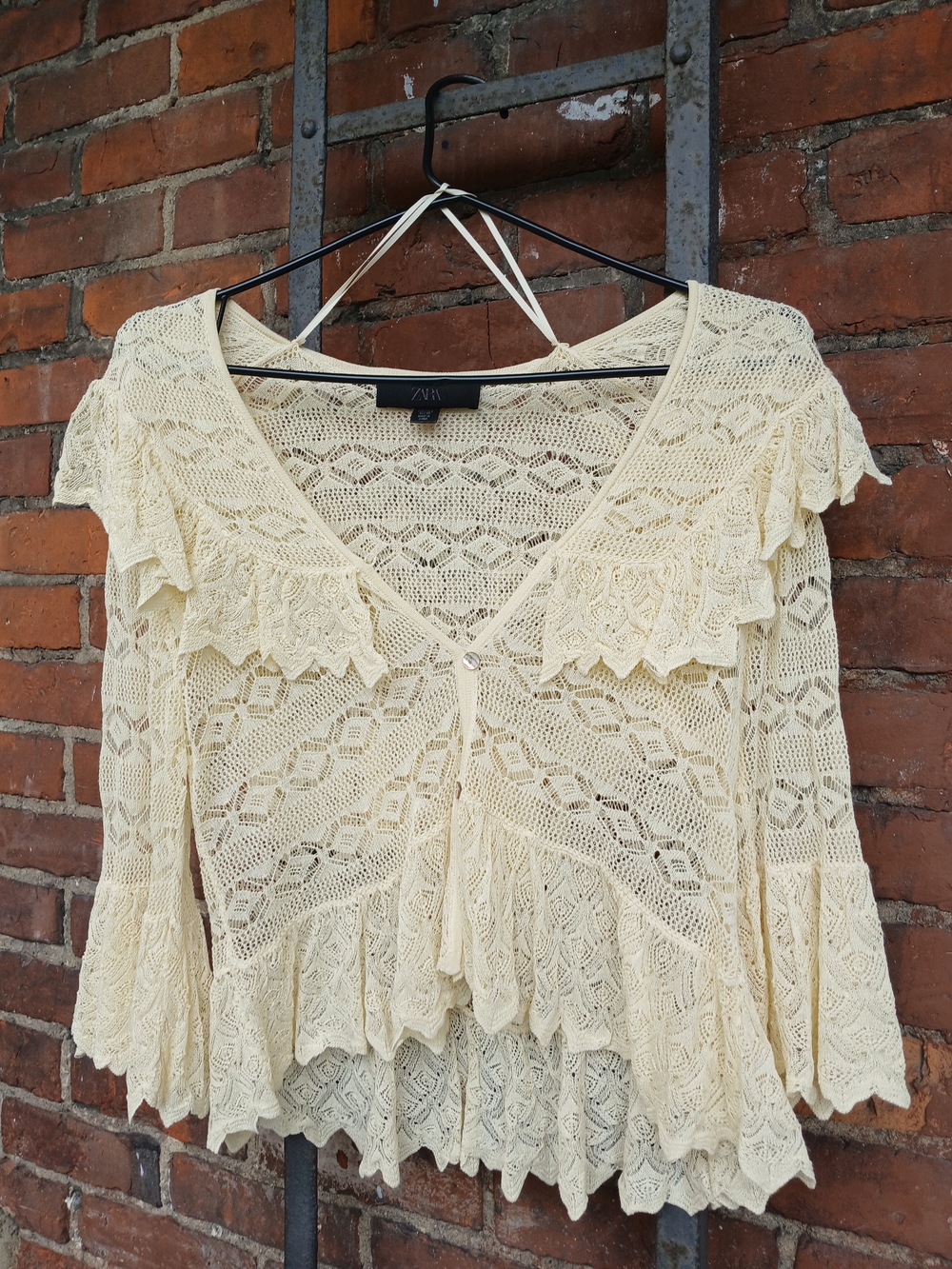 Zara Light Yellow Crochet Lace Ruffle-Trim Women's Top